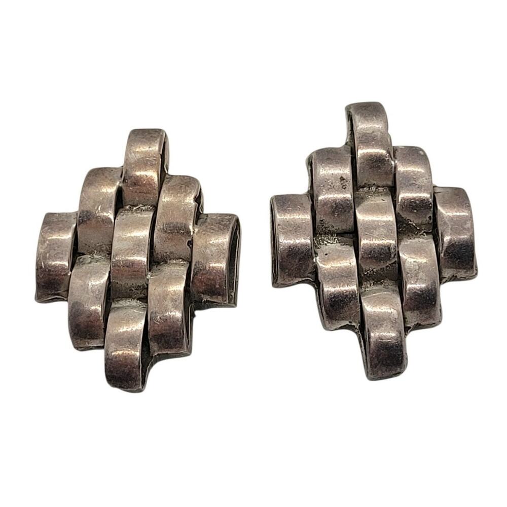Vintage Mexican Sterling Silver Woven Brick Link Earrings Modernist Statement